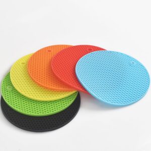 homEdge Silicone Round Trivets, 6 Pack Heat Resistant Non Slip Pot Holders-Black, 7x0.24x7 inches, Food Grade Silicone, Honeycomb Surface Design, Dishwasher Safe, Multipurpose Kitchen Utensil