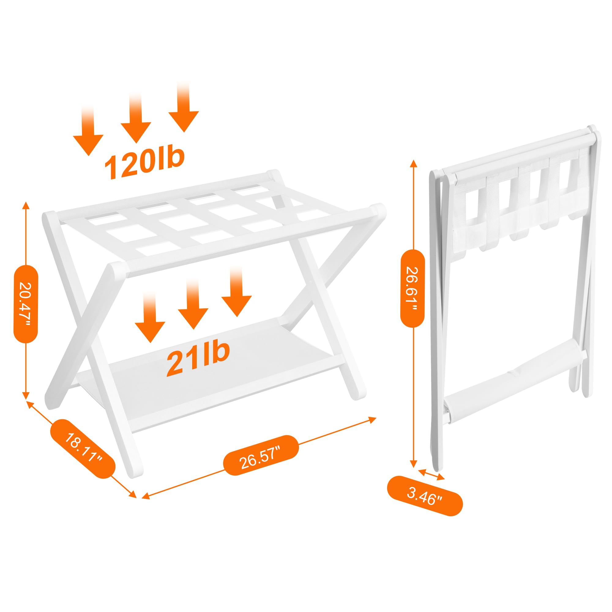 Heybly Luggage Rack, Folding Suitcase Stand with Storage Shelf, Heavy-Duty Luggage Holder for Guest Room Bedroom Hotel, Holds up to 141 lb, White, HLR010W1