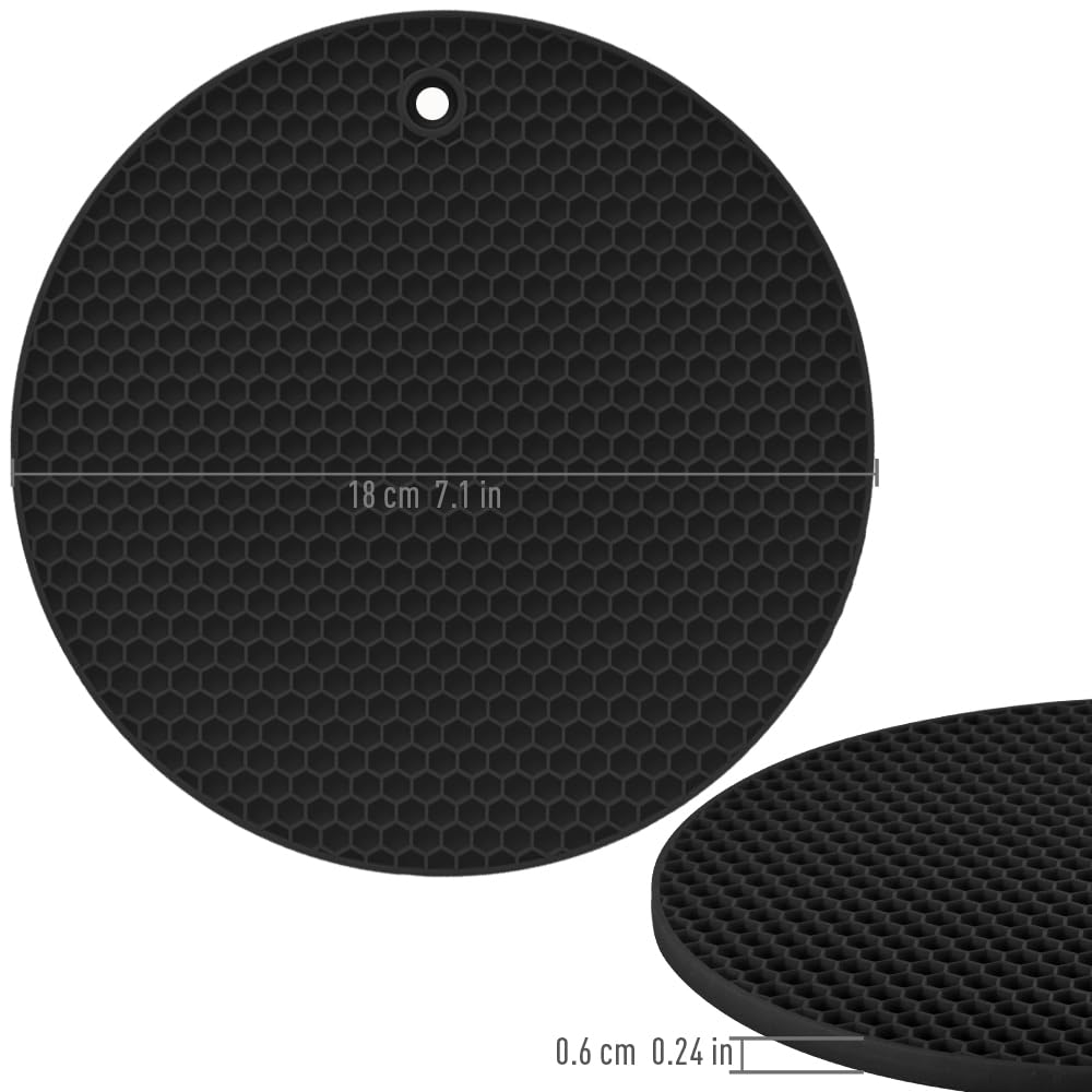 homEdge Silicone Round Trivets, 6 Pack Heat Resistant Non Slip Pot Holders-Black, 7x0.24x7 inches, Food Grade Silicone, Honeycomb Surface Design, Dishwasher Safe, Multipurpose Kitchen Utensil