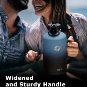 64oz Water Bottle Insulated with Straw & 2 Lids, INSPI Double Wall Vacuum Stainless Steel Metal Large Jug with Handle, Wide Mouth Flask Mug with Carry Pouch, Keep Cold Hot for Travel, Indigo Black