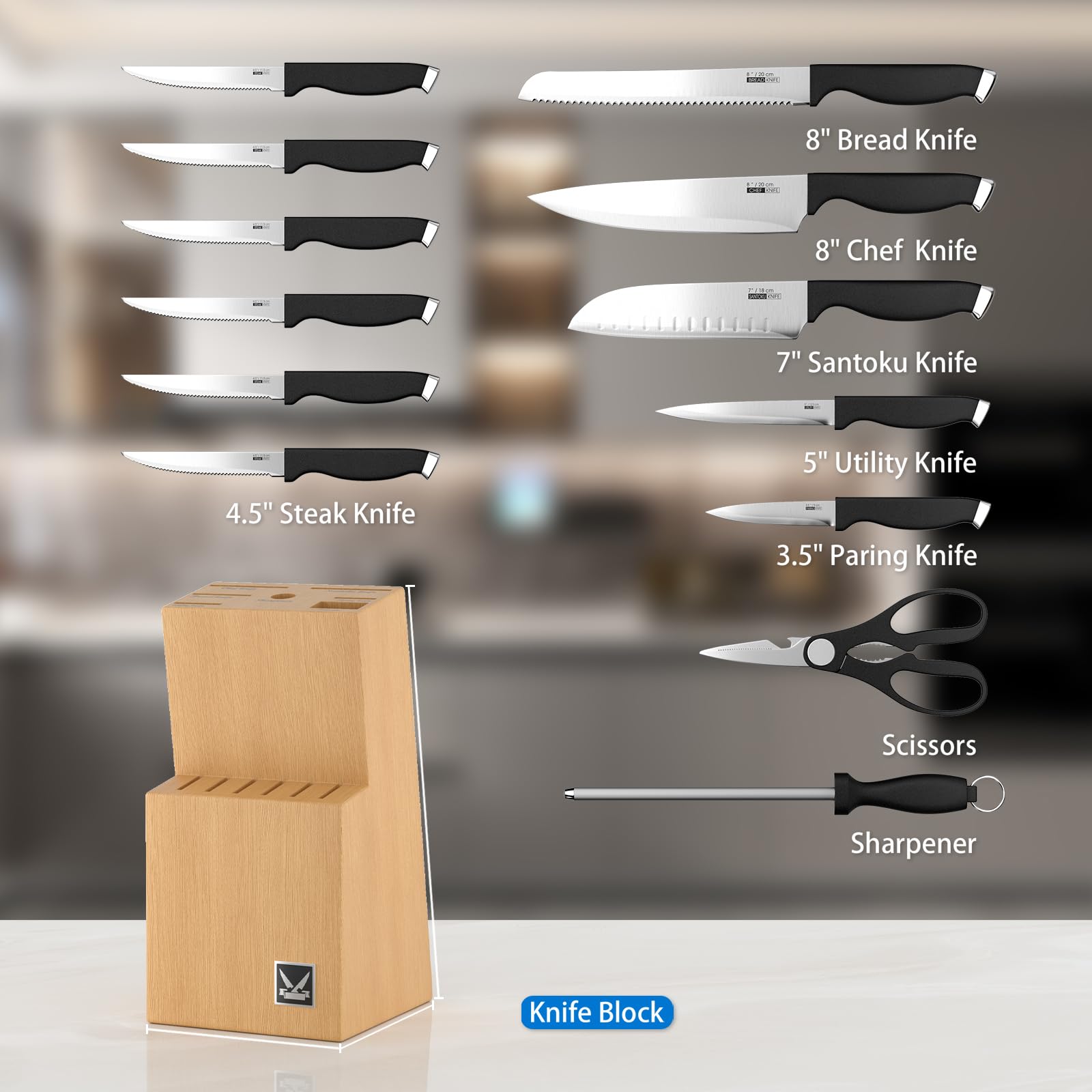 Petalirs Knife Set, 14 Pieces Kitchen Knife Set with Wooden Block, Dishwasher Safe, German Stainless Steel Knife Block Set