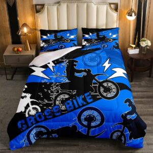 Erosebridal Boys Dirt Bike Bedding Sets Twin Motocross Comforter Set Dirtbike Room Decor for Boys Kids Girls Adult,Rider Motorcycle Bed Set Cool Extreme Sports Comforter Sets 2Pcs,Blue Black