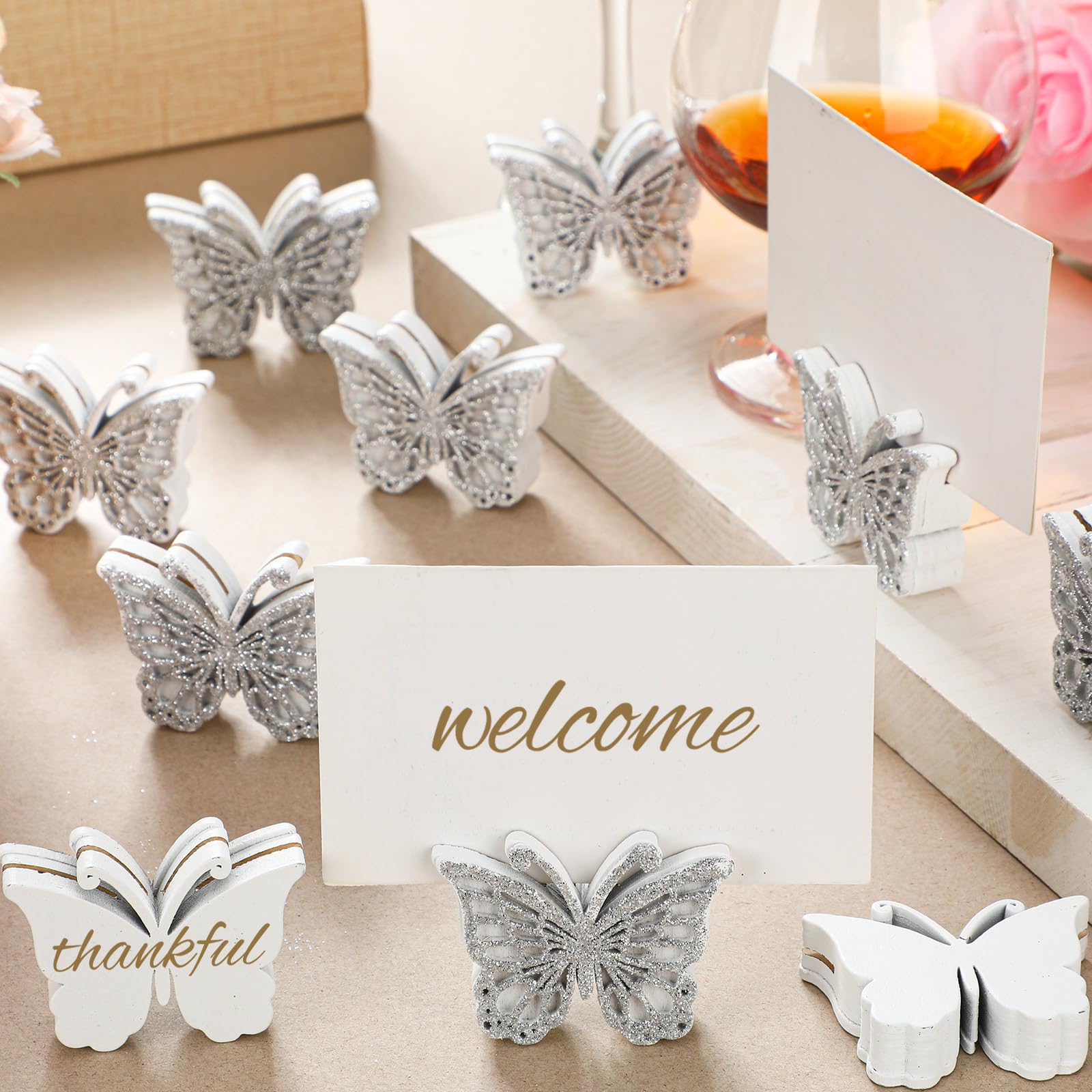 Janlaugh 24 Pcs Butterfly Birthday Party Decor Butterfly Wood Place Card Holder Table Number Stand Holder Butterfly Table Sign for Butterfly Theme Party Butterfly Birthday Decor(White, Silver)