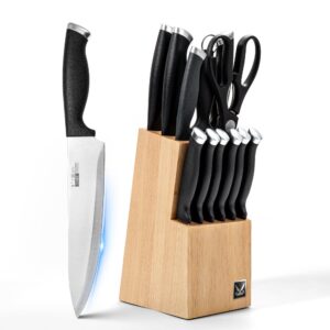 petalirs knife set, 14 pieces kitchen knife set with wooden block, dishwasher safe, german stainless steel knife block set