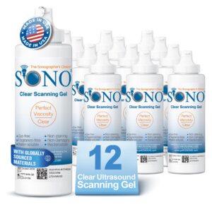 sono clear scanning gel - ultrasound, electrode, ultrasonic, sonogram, transmission, conductive, tens gel - non-staining, dye-free, unscented, water-soluble, all skin types - case of 12 8oz bottles