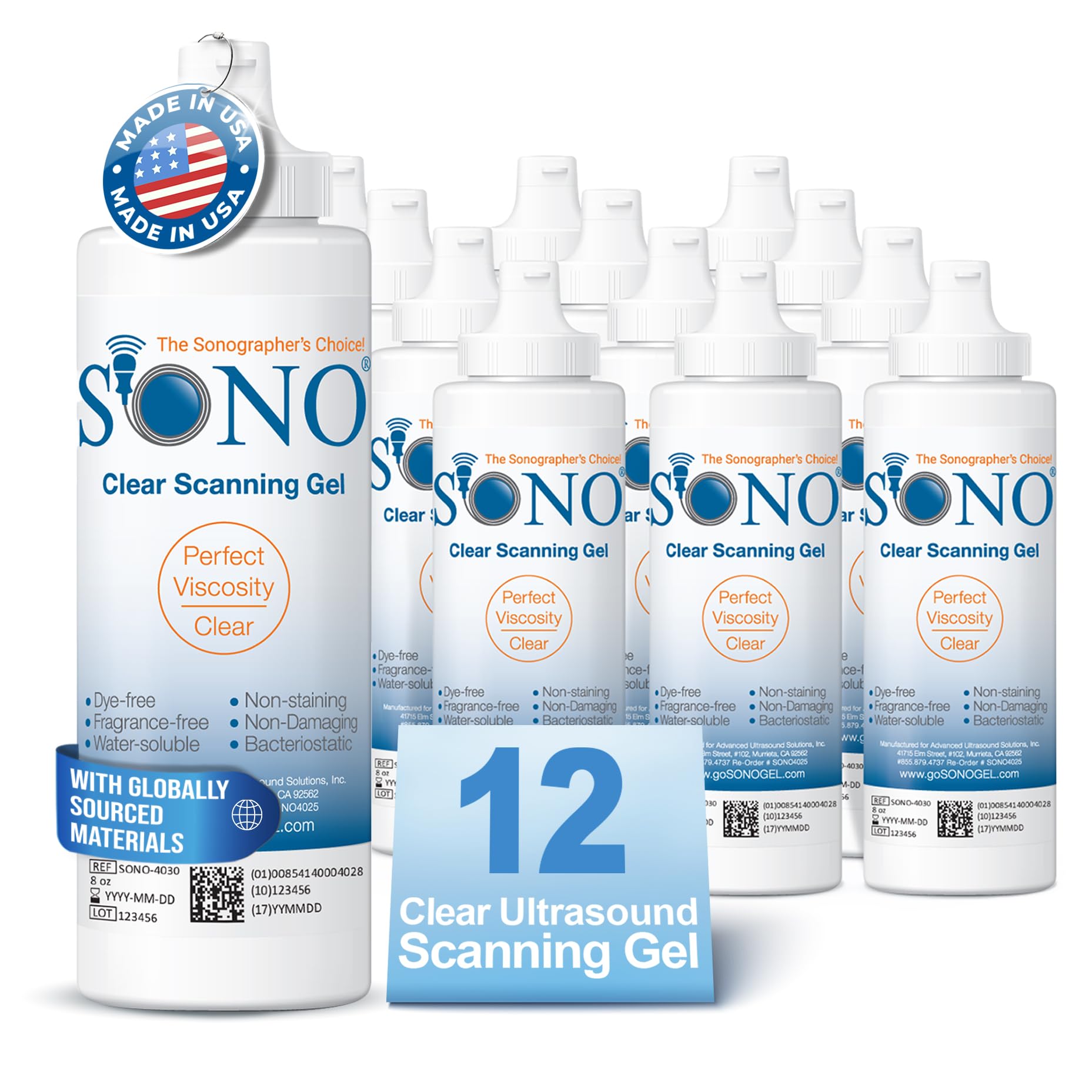 SONO Clear Scanning Gel - Ultrasound, Electrode, Ultrasonic, Sonogram, Transmission, Conductive, TENS Gel - Non-Staining, Dye-Free, Unscented, Water-Soluble, All Skin Types - Case of 12 8oz Bottles