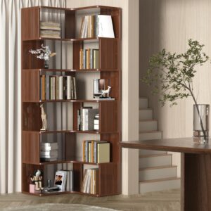 KINGBO 6-Tier Corner Bookshelf, 75" Tall Corner Bookcase Shelf, Solid Wood Bookshelf Organizer, Open Bookcase, Large Corner Display Shelf Rack for Living Room, Bedroom and Home Office, Walnut