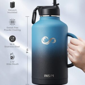 64oz Water Bottle Insulated with Straw & 2 Lids, INSPI Double Wall Vacuum Stainless Steel Metal Large Jug with Handle, Wide Mouth Flask Mug with Carry Pouch, Keep Cold Hot for Travel, Indigo Black