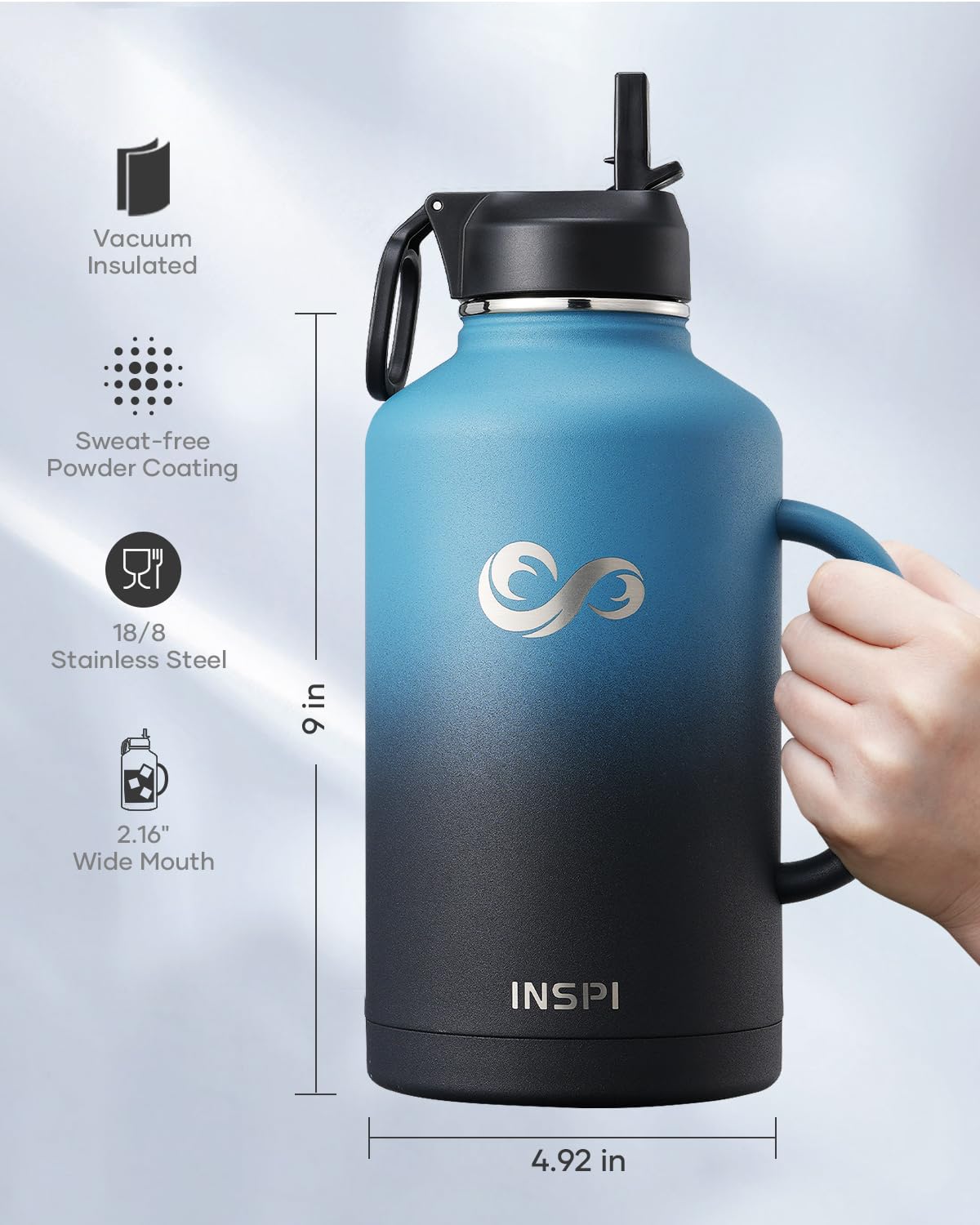 64oz Water Bottle Insulated with Straw & 2 Lids, INSPI Double Wall Vacuum Stainless Steel Metal Large Jug with Handle, Wide Mouth Flask Mug with Carry Pouch, Keep Cold Hot for Travel, Indigo Black