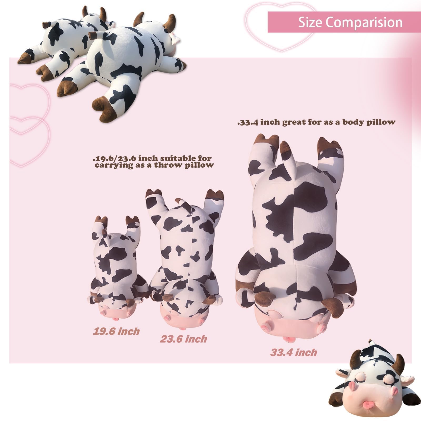 Whlo4U Cow Plush Pillow - 23.6 Inch Cow Stuffed Animal - Birthday Christmas Valentine’s Day Gift for Kids Adults Boys Girls