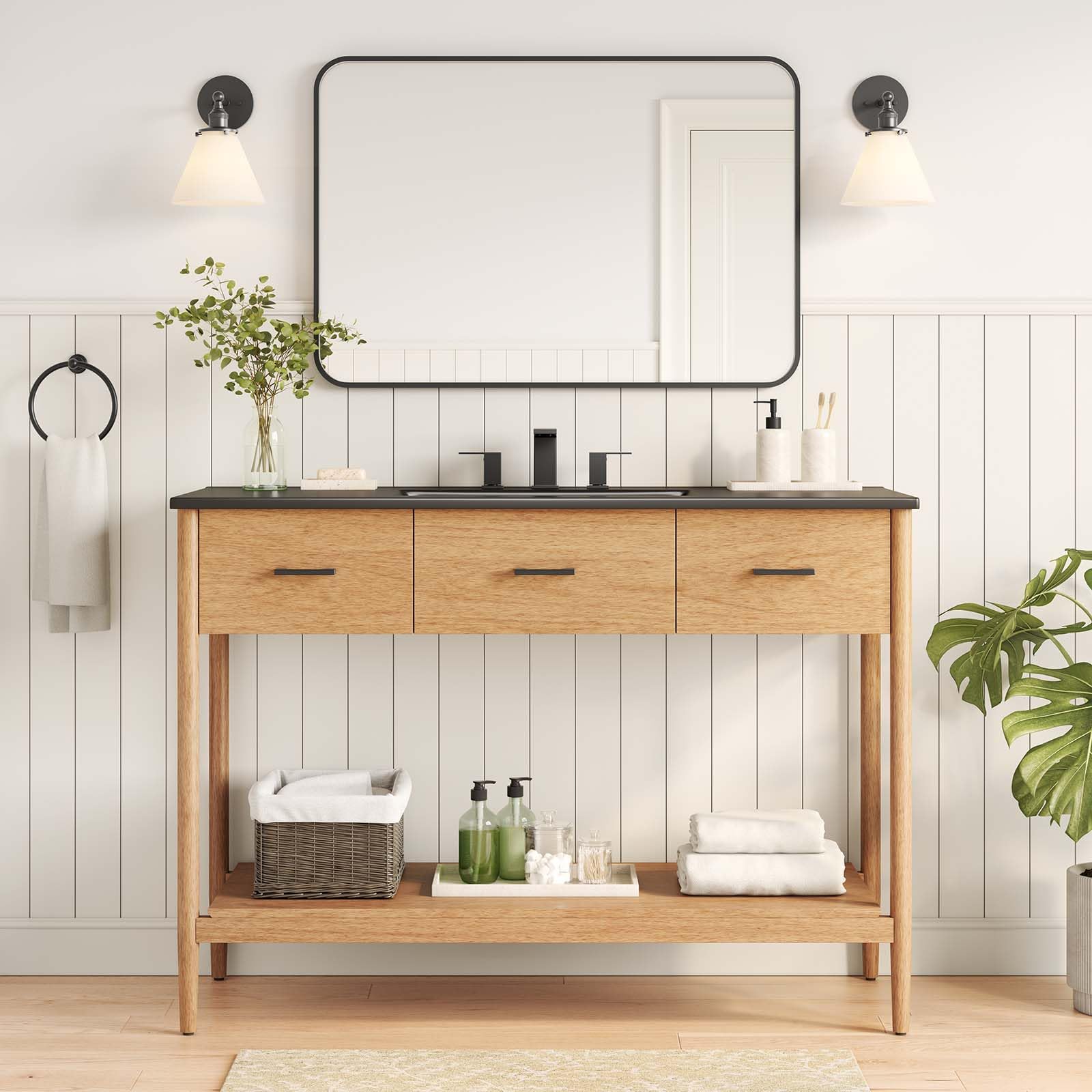 Modway Zaire 48” Mid-Century Single Bathroom Vanity Washstand in Natural Black with Ceramic Sink Basin, 48 Inches