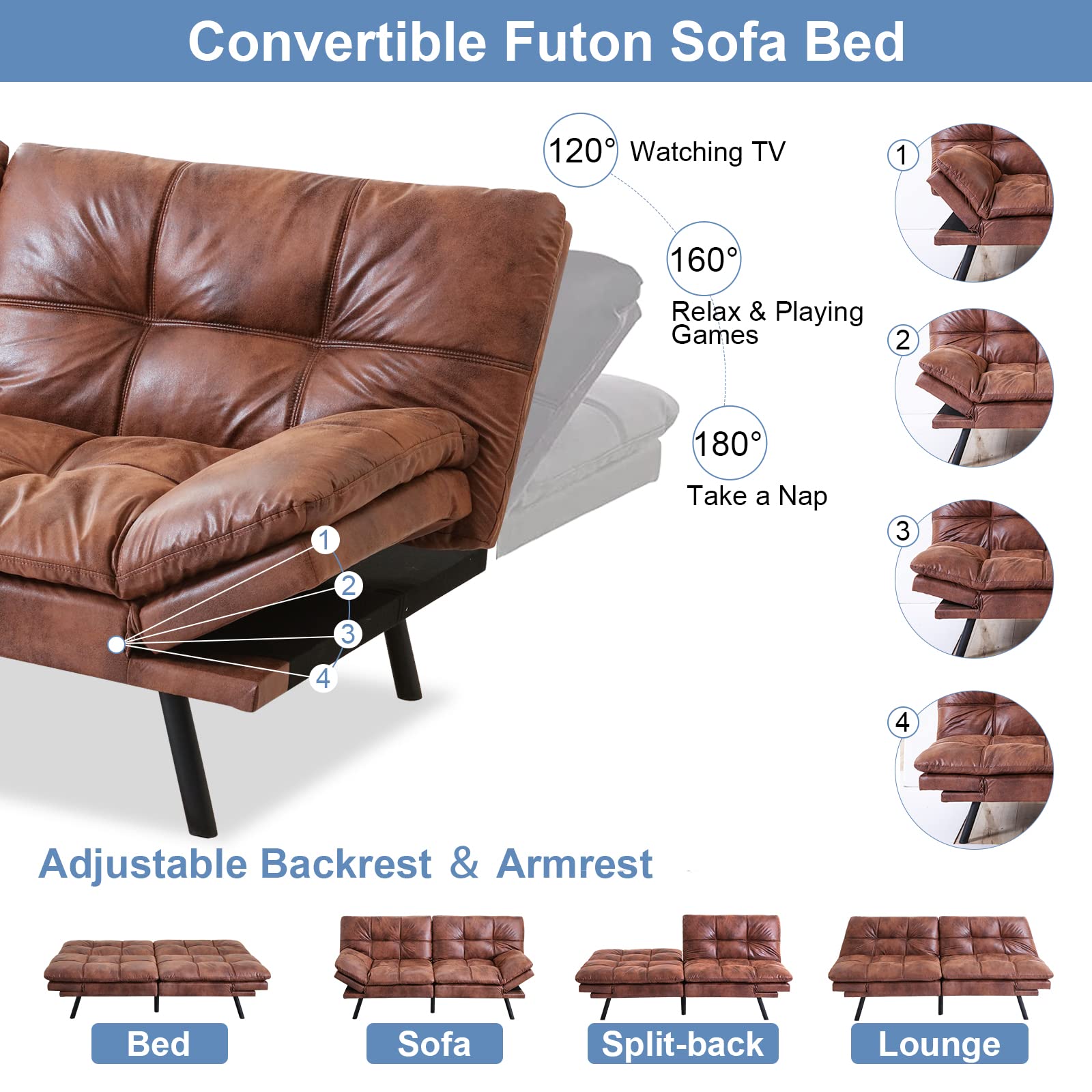 MUUEGM Futon Sofa Bed Couch Memory Foam Sleeper Daybed,Convertible Modern Faux Leather Loveseat for Living Room,Compact Space,Office,Apartment,Dorm,Adjustable Arm&Back Sofabed, Brown-new