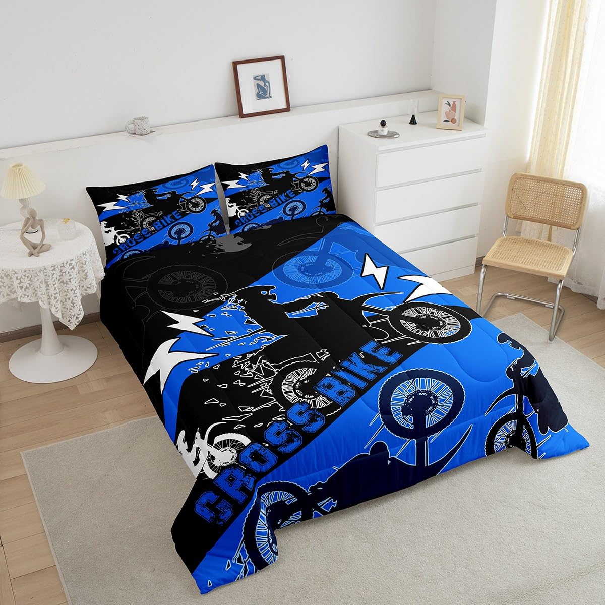 Erosebridal Boys Dirt Bike Bedding Sets Twin Motocross Comforter Set Dirtbike Room Decor for Boys Kids Girls Adult,Rider Motorcycle Bed Set Cool Extreme Sports Comforter Sets 2Pcs,Blue Black