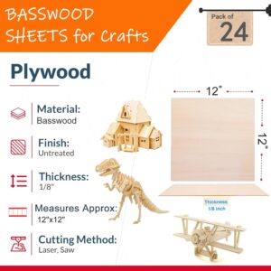 Yaliuliu 24 Pack 12"x12"x1/8" Basswood Sheets for Crafts - 3mm Unfinished Plywood Crafts, Ideal for DIY Ornaments, Drawing, Painting, Engraving, Staining, Model Carving, Wood Burning, Laser Cutting