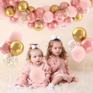 Rose Gold Pink Confetti Balloons, 50 Pack 12 inch Retro Blush Pink Gold Latex Balloons Arch with Ribbon for Birthday Engagement Party Wedding Bridal Shower Decorations