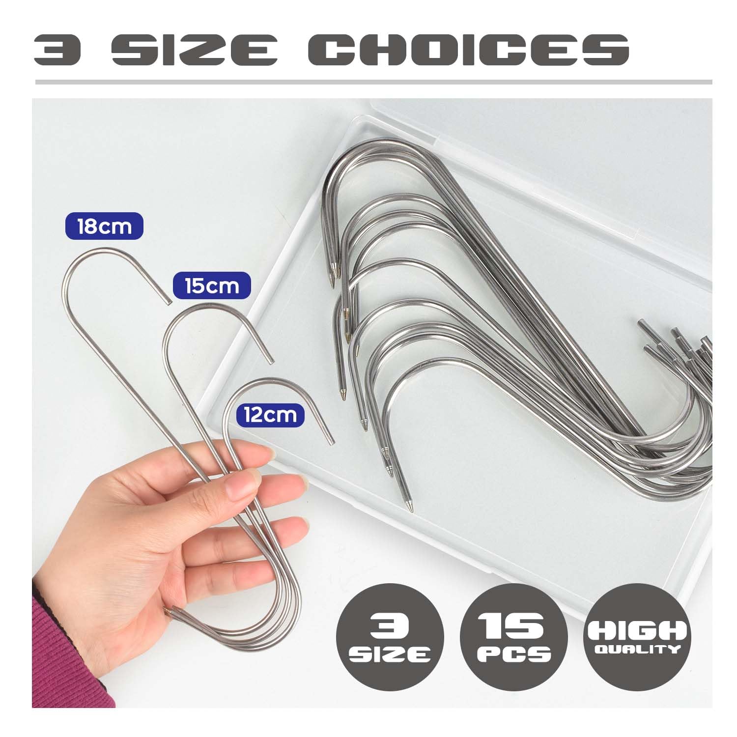 15 Pcs Stainless Steel Meat Hooks Butcher Hooks 3 Different Size S-Shaped Smoker Hooks for Hanging Beef Ribs Chicken, 3 MM Diameter 4.7/5.9/7.1 Inches Long Butchering Equipment