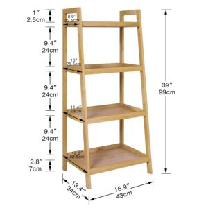 SMIBUY Bamboo Ladder Bookcase, Bathroom Storage Rack Organizer, 4 Tier Freestanding Plant Display Stand Space Saver Shelves for Bedroom, Kitchen, Balcony (Natural)