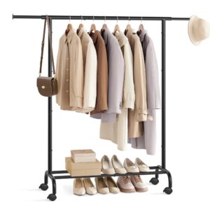 songmics clothes rack, clothing rack for hanging clothes with wheels, garment rack with extendable hanging rail, 99 lb total max. load, 15.7” x 32.7”-47.2” x 61.4”, ink black uhsr134b01