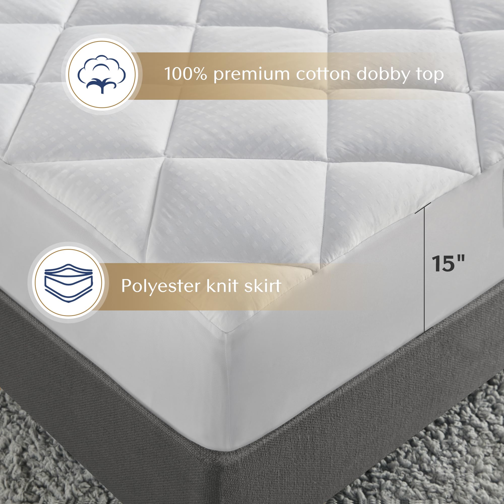 Croscill King Mattress Pad Cotton Bed Protector Waterproof Mattress Pad, Diamond Quilted Cover, Overfilled, Breathable Mattress Topper, Fitted Pocket Fits Up to 18", Easy Care, King, White