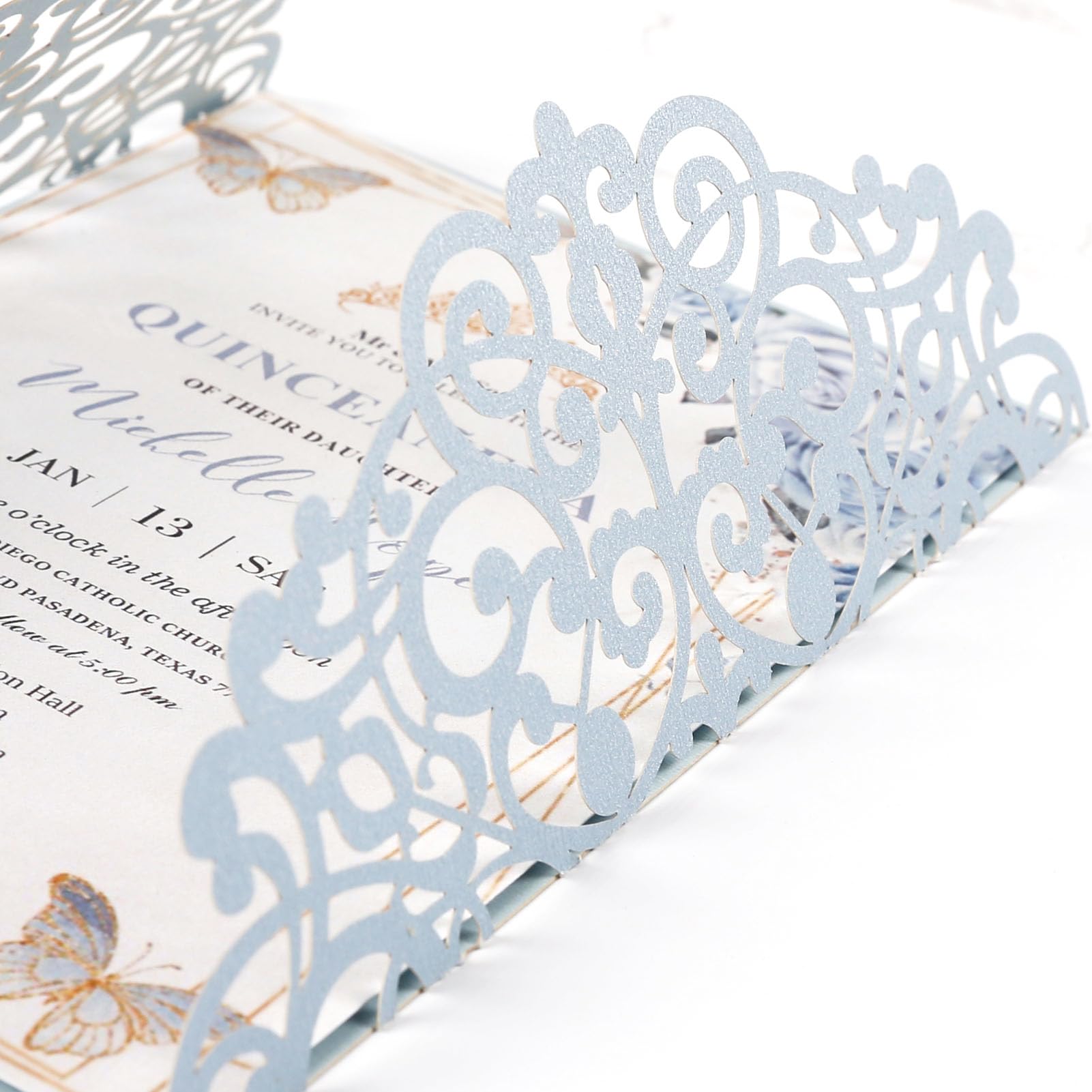 Maffily 50pcs Laser Cut Wedding Invitation Pockets 5x7 '' Dusty Blue Wedding Invitations Kit With Envelopes Blank Inner Sheet and Ribbon for Wedding Bridal Shower Quinceanera Engagement Party Invite