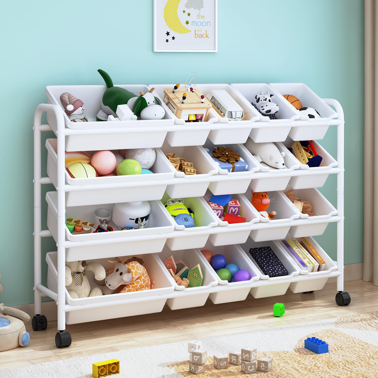 EXPERLAM Kids Toy Storage Organizer with 20 Plastic Bins, 4-Tier Metal Toy Storage Rack, Extra Large Toy Organizer and Storage Bins for Kids Room, Playroom and Nursery, White