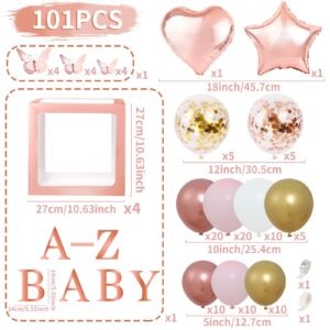 Rose Gold Baby Shower Decorations for Girl - Rose Gold Retro Blush Pink Balloon Arch Garland Kit with Baby Balloon Boxes,Butterfly Stickers for Baby Shower Backdrop Decor, Girl Birthday