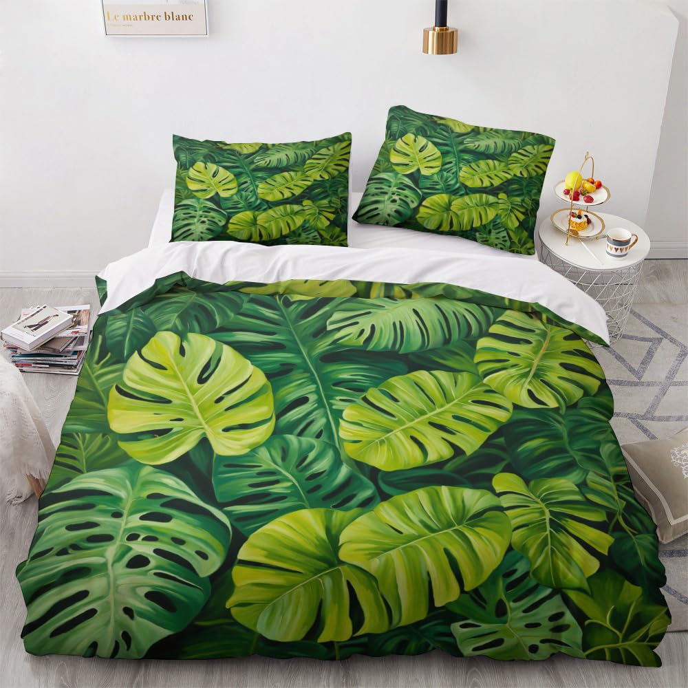 OmErsa Monstera Duvet Cover California King Size Bedding Set 3 PCS, Tropical Botanical Comforter Cover & 2 Pillowcases Soft Microfiber Patterned Bedroom Decorations for Adults Teens