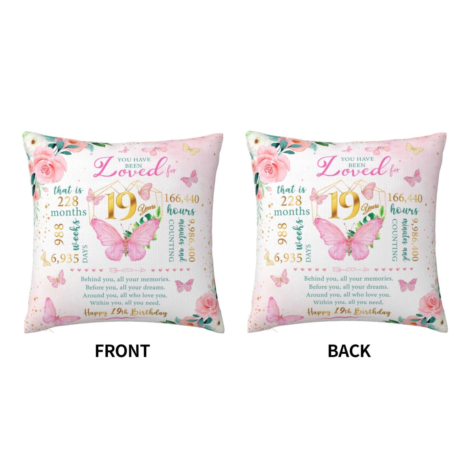 Birthday Gifts for 19 Year Old Female Pillowcase 18" x 18", Best 19th Birthday Gifts for Girls, Gifts Ideas for 19 Year Old Girls, Happy 19th Birthday Gifts for Her, 19th Birthday Decorations for Girl