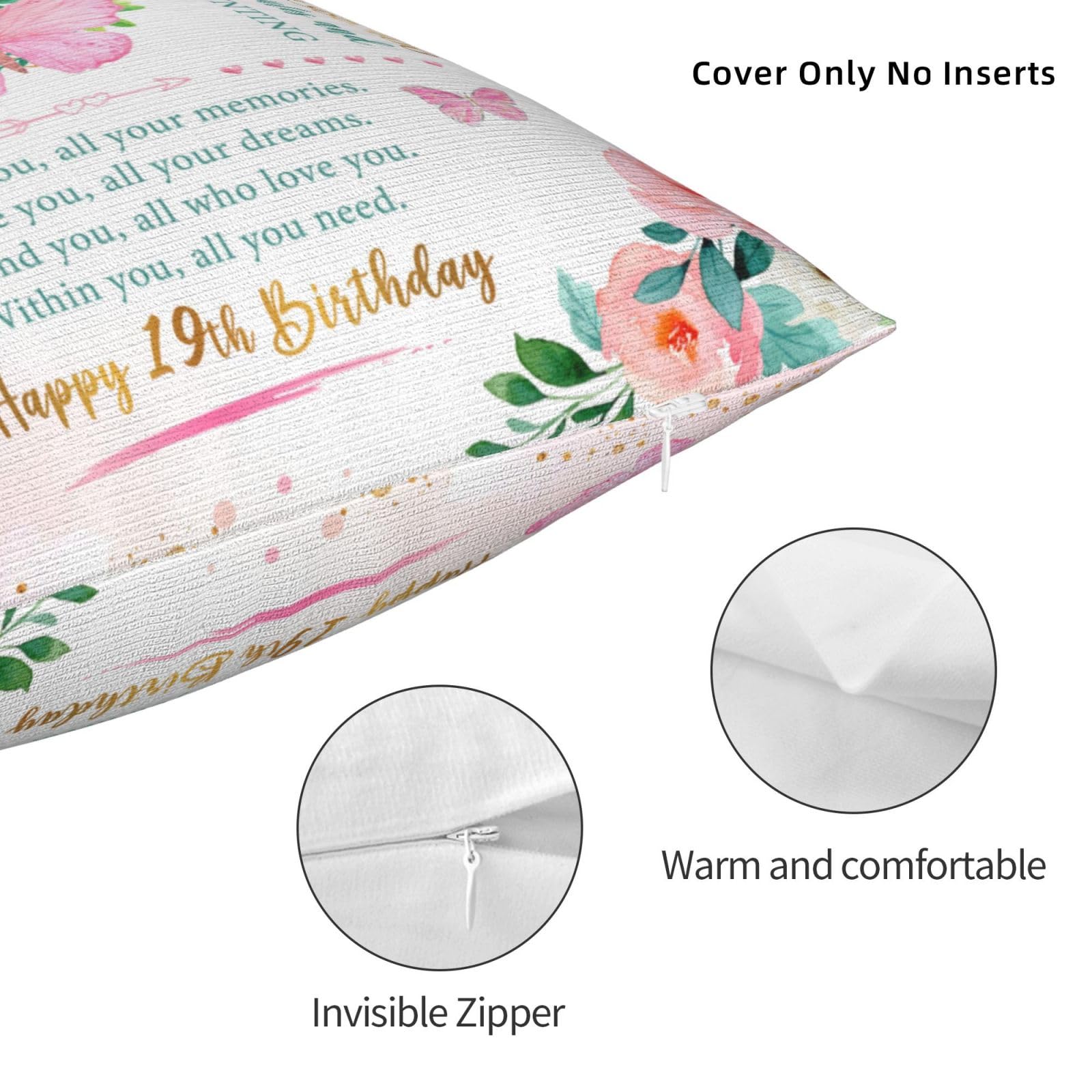 Birthday Gifts for 19 Year Old Female Pillowcase 18" x 18", Best 19th Birthday Gifts for Girls, Gifts Ideas for 19 Year Old Girls, Happy 19th Birthday Gifts for Her, 19th Birthday Decorations for Girl