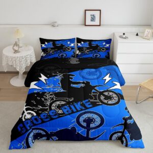 erosebridal boys dirt bike bedding sets twin motocross comforter set dirtbike room decor for boys kids girls adult,rider motorcycle bed set cool extreme sports comforter sets 2pcs,blue black