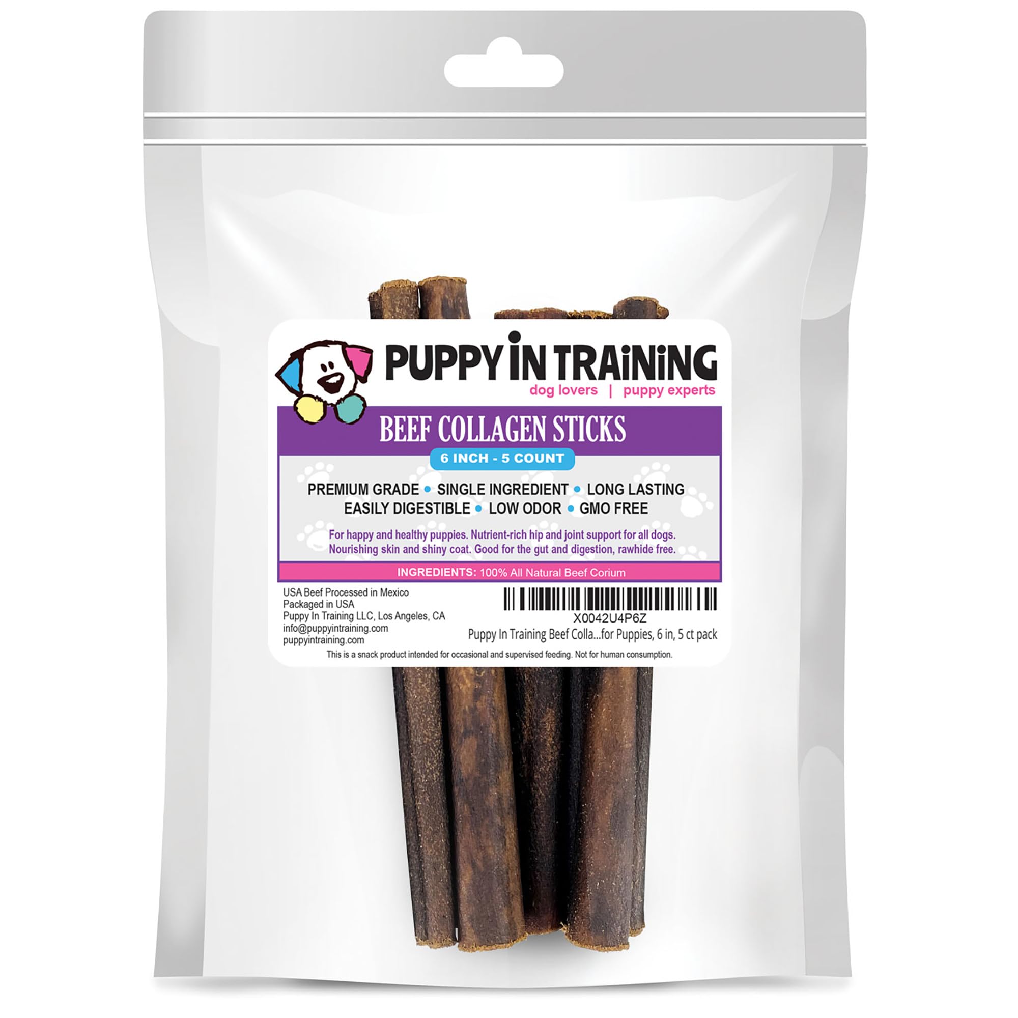 Puppy In Training Beef Collagen Sticks for Dogs, Bully Stick and Rawhide Alternative, All Natural, Teething Chew for Puppies, Low Odor, 6 in, 5 ct Pack