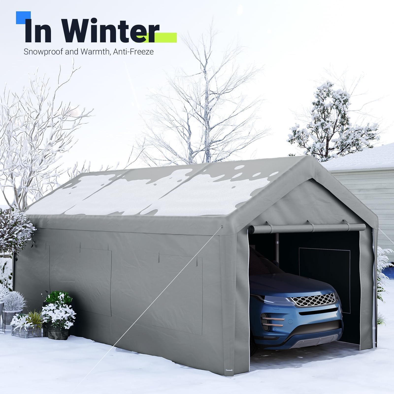 Quictent 12x20 ft Carport with Roll-up Ventilated Windows, Anti-Snow Car Port Heavy Duty Car Canopy RV Carport Canopy Portable Garage Shelter Boat Shelter with 4 Reinforced Steel Cables-Grey