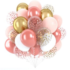 rose gold pink confetti balloons, 50 pack 12 inch retro blush pink gold latex balloons arch with ribbon for birthday engagement party wedding bridal shower decorations