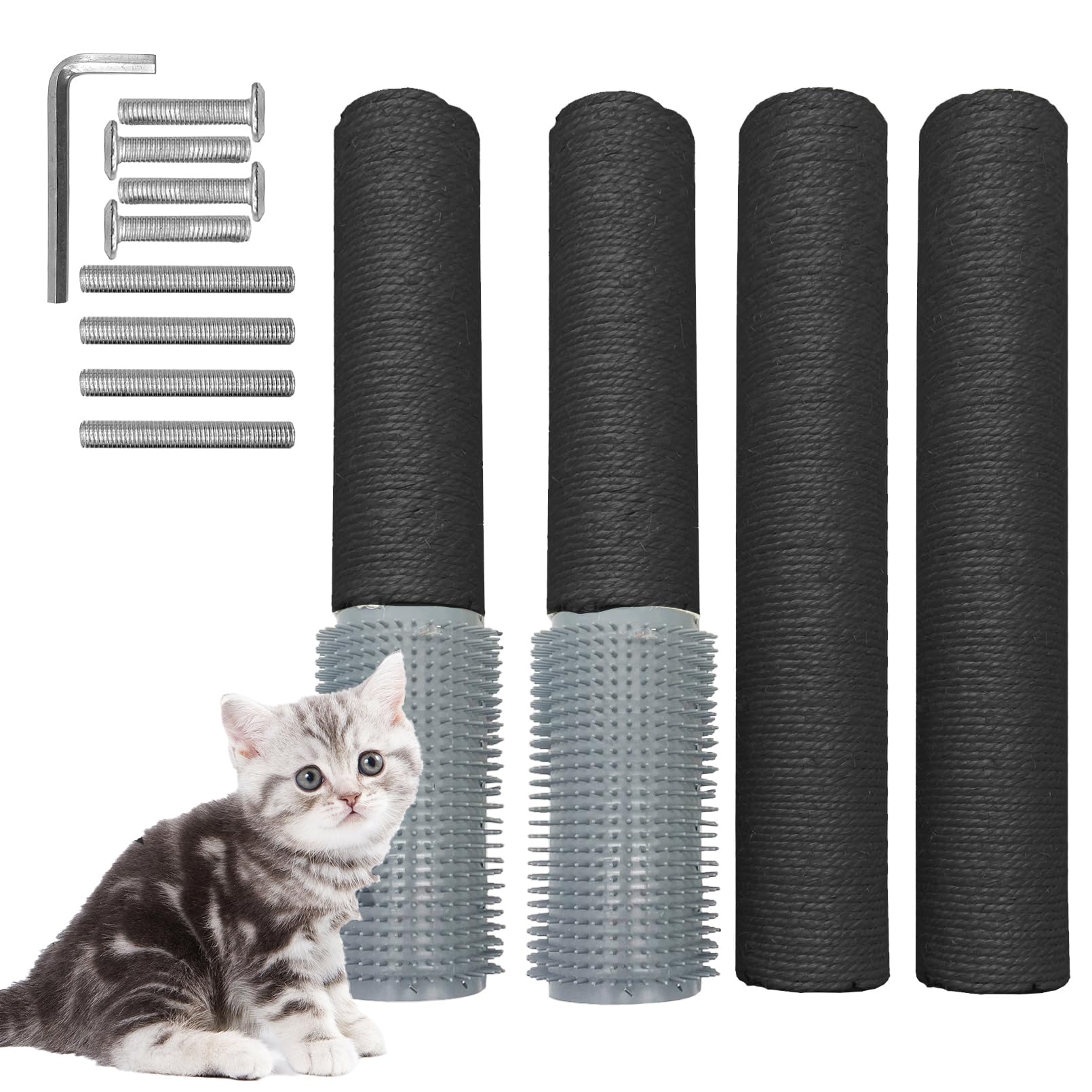 Fhiny 2PCS Cat Scratching Post Replacement, 15.7inch M8 Natural Sisal Cat Scratch Post with Cat Self Groomer Refill Pole Parts Kitten Climbing Furniture Protector Hemp Rope Scratcher for Spare Black