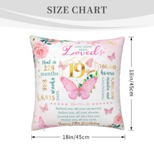 Birthday Gifts for 19 Year Old Female Pillowcase 18" x 18", Best 19th Birthday Gifts for Girls, Gifts Ideas for 19 Year Old Girls, Happy 19th Birthday Gifts for Her, 19th Birthday Decorations for Girl