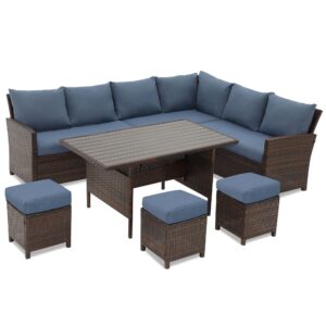 wisteria lane patio furniture set, 7 piece high curved back outdoor dining sectional sofa with dining table and chair, all weather wicker conversation set with ottoman, blue