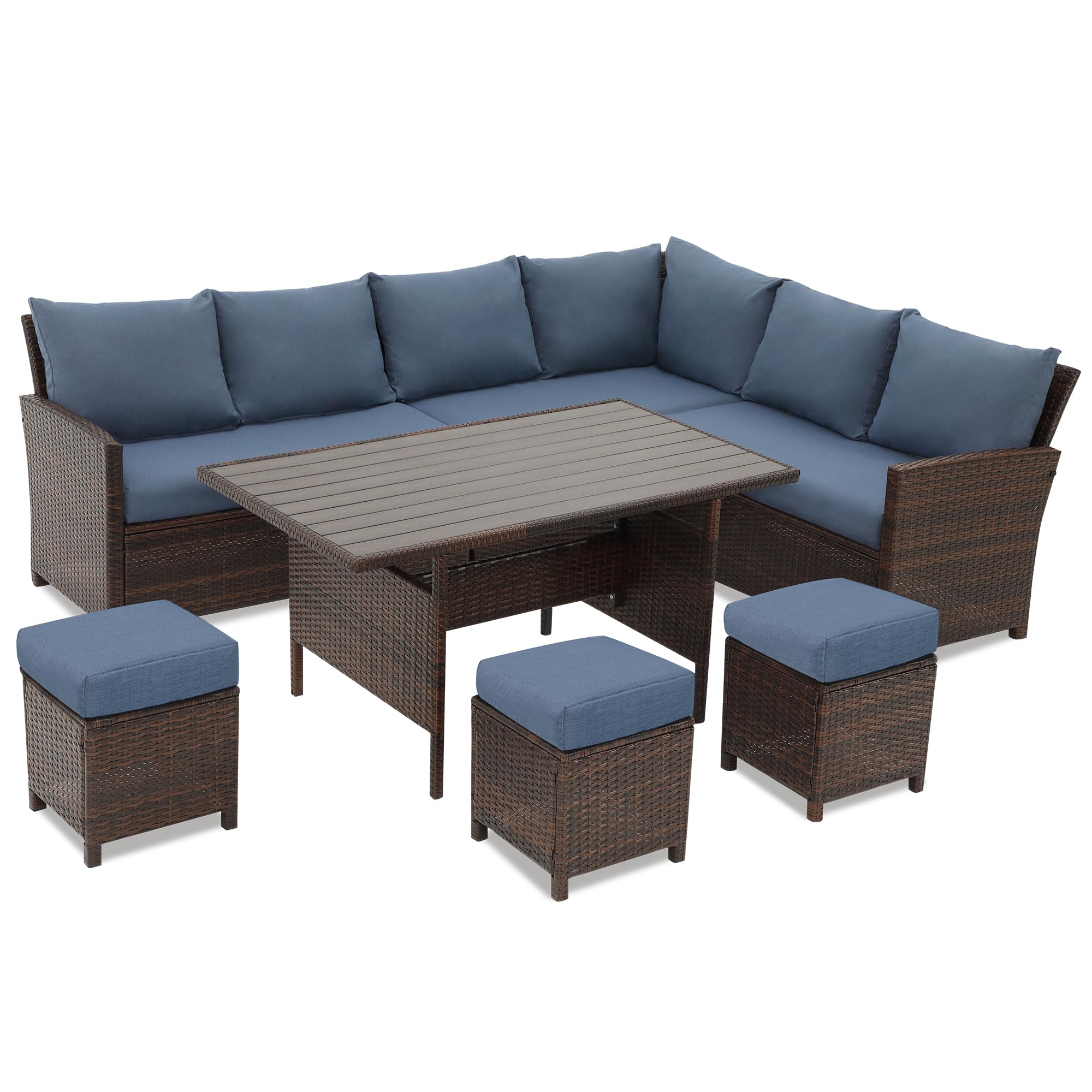 Wisteria Lane Patio Furniture Set, 7 Piece High Curved Back Outdoor Dining Sectional Sofa with Dining Table and Chair, All Weather Wicker Conversation Set with Ottoman, Blue