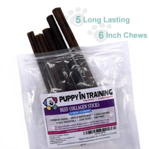 Puppy In Training Beef Collagen Sticks for Dogs, Bully Stick and Rawhide Alternative, All Natural, Teething Chew for Puppies, Low Odor, 6 in, 5 ct Pack