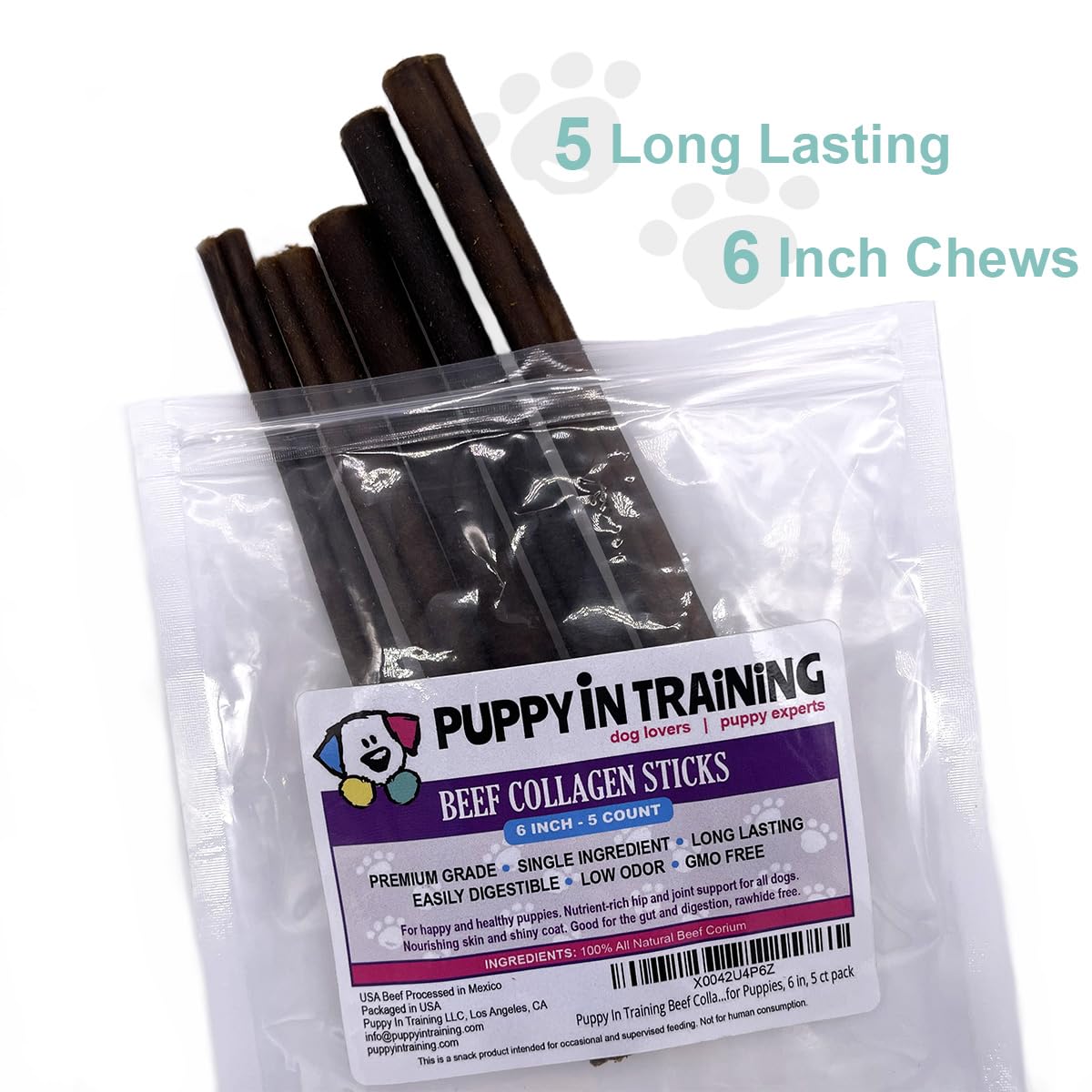 Puppy In Training Beef Collagen Sticks for Dogs, Bully Stick and Rawhide Alternative, All Natural, Teething Chew for Puppies, Low Odor, 6 in, 5 ct Pack