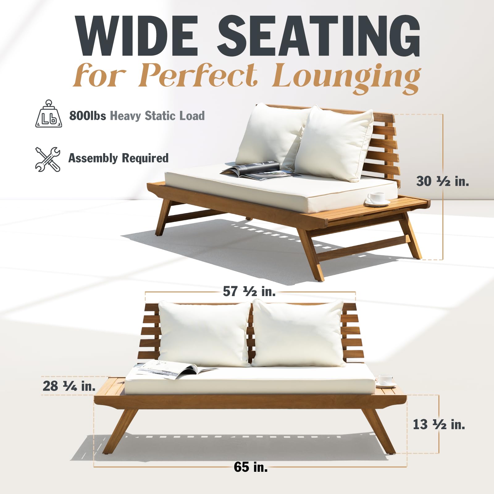 IDZO Lucille 800lbs Capacity Acacia Patio Loveseat, FSC Certified 2 Seater Outdoor Sofa with 3.9in Thick Cushions, Teak Finish Porch Couch for Garden Backyard, Beige