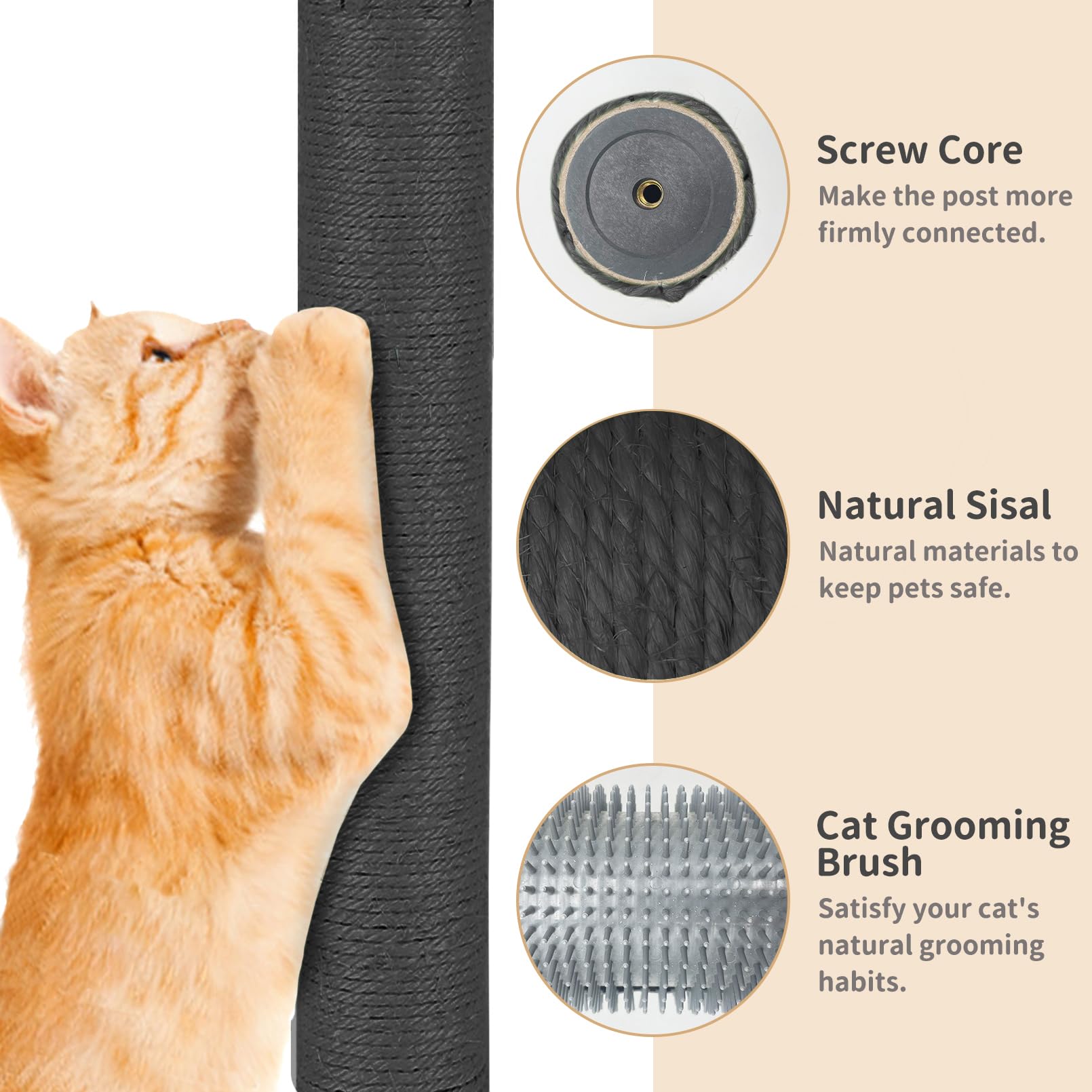 Fhiny 2PCS Cat Scratching Post Replacement, 15.7inch M8 Natural Sisal Cat Scratch Post with Cat Self Groomer Refill Pole Parts Kitten Climbing Furniture Protector Hemp Rope Scratcher for Spare Black