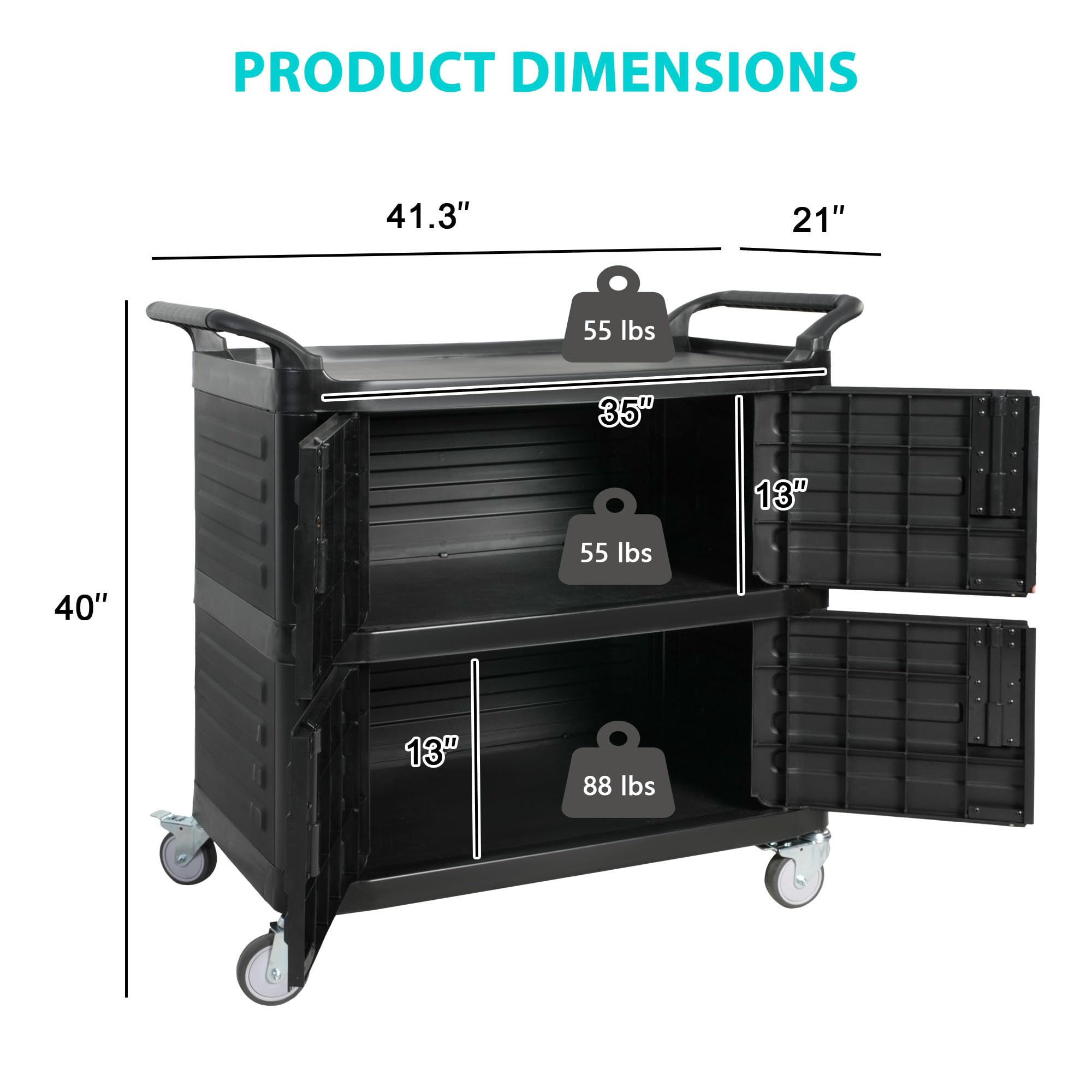 3-Tier Service Utility Carts on Wheels, Mobile Kitchen Cart with Handle & Storage Cabinet, Portable Rolling Cart for Home Hotel Restaurant (Black)