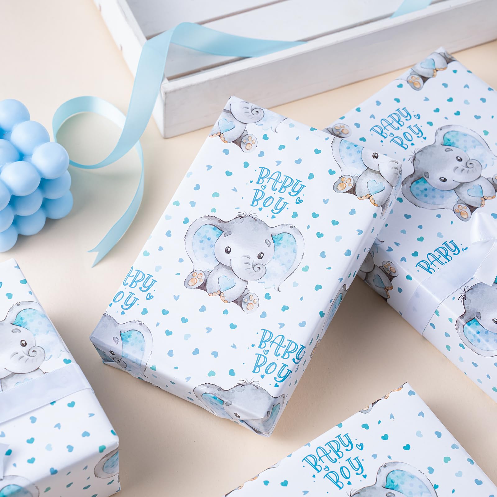 WRAPAHOLIC Baby Boy Wrapping Paper - Mini Roll - 17 Inch X 33 Feet - Adorable Blue Elephant Design for Baby Shower, Party, Holiday