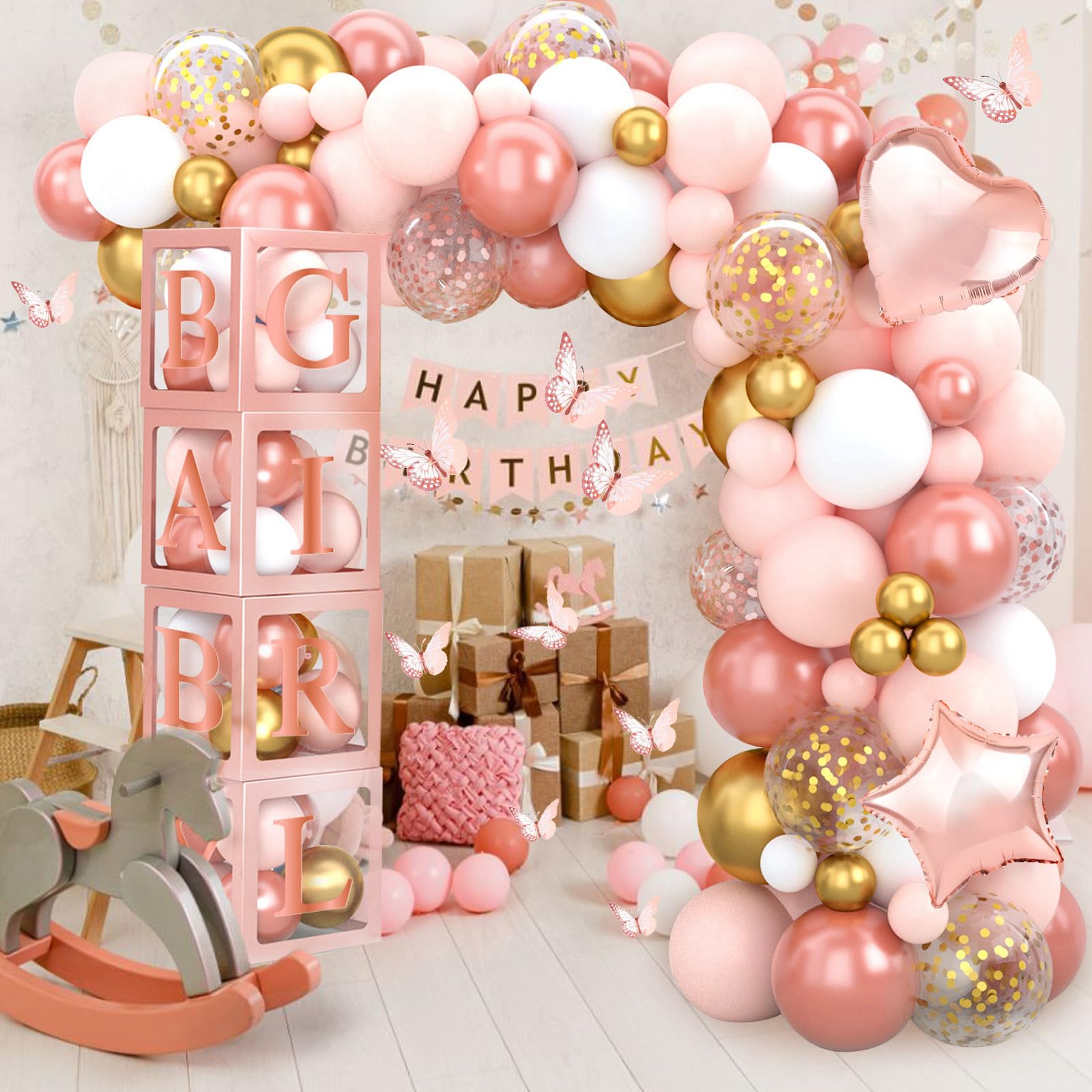 Rose Gold Baby Shower Decorations for Girl - Rose Gold Retro Blush Pink Balloon Arch Garland Kit with Baby Balloon Boxes,Butterfly Stickers for Baby Shower Backdrop Decor, Girl Birthday