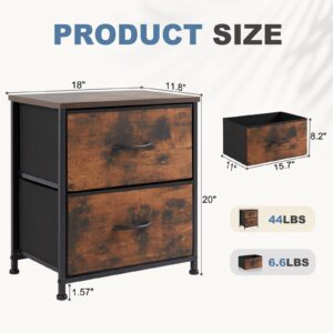 DUMOS Nightstand Small Dresser with 2 Fabric Drawers Side Tables Bedroom End Table Kids Bedside Storage Furniture for 20 inch Tall Night Stand for Closet, Entryway, College Dorm, Rustic Brown(2 Pack)