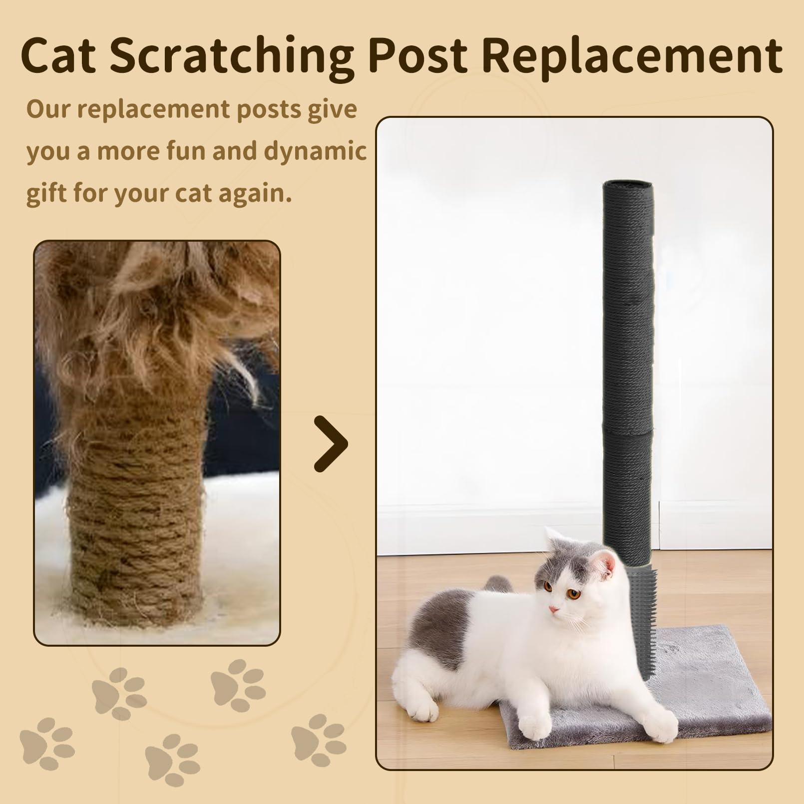 Fhiny 2PCS Cat Scratching Post Replacement, 15.7inch M8 Natural Sisal Cat Scratch Post with Cat Self Groomer Refill Pole Parts Kitten Climbing Furniture Protector Hemp Rope Scratcher for Spare Black