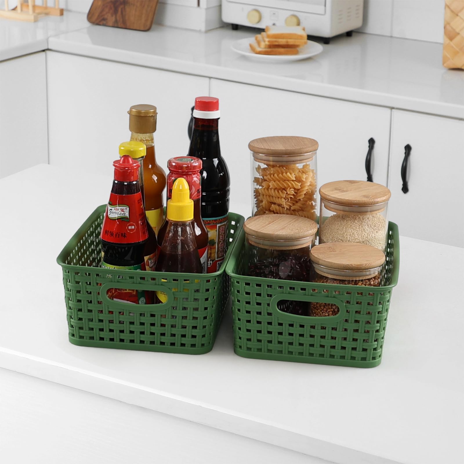 Taysisiter Plastic Woven Storage Baskets, Plastic Storage Baskets for Organizing, Deep Green, 6 Packs