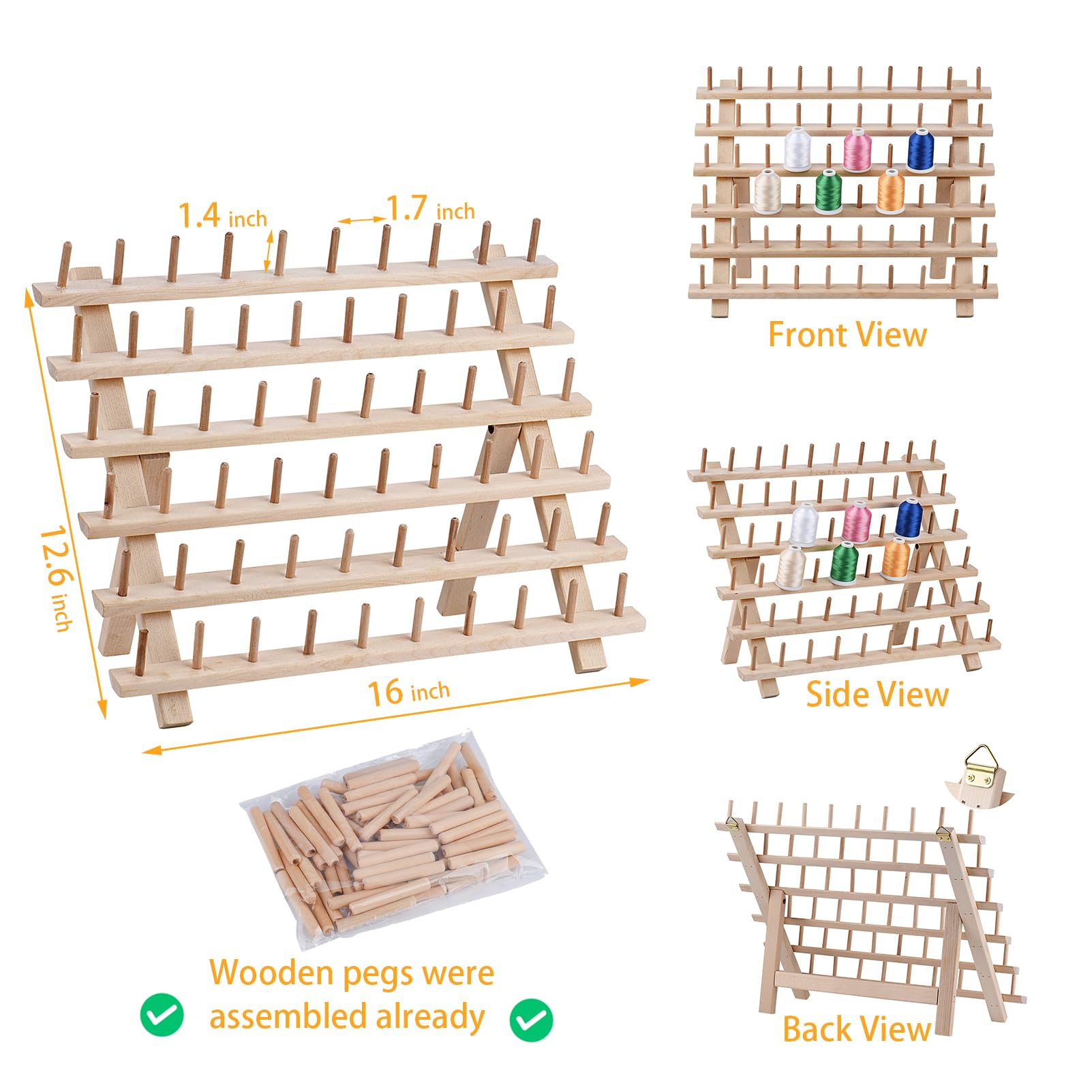 Simthread [Upgraded] 60x2 Spools Wooden Thread Holder, Braiding Rack, Organizer Stand with Hanging Hooks for Embroidery Sewing Thread Rack