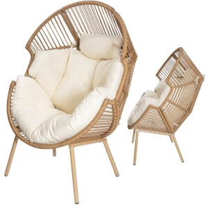 Barton 2-Pieces Stationary Wicker Egg Chair Oversized Egg Seat 350lbs Teardrop Cuddle Cocoon Chair Egg Basket Lounge Chair with Ottoman Indoor/Outdoor, Beige