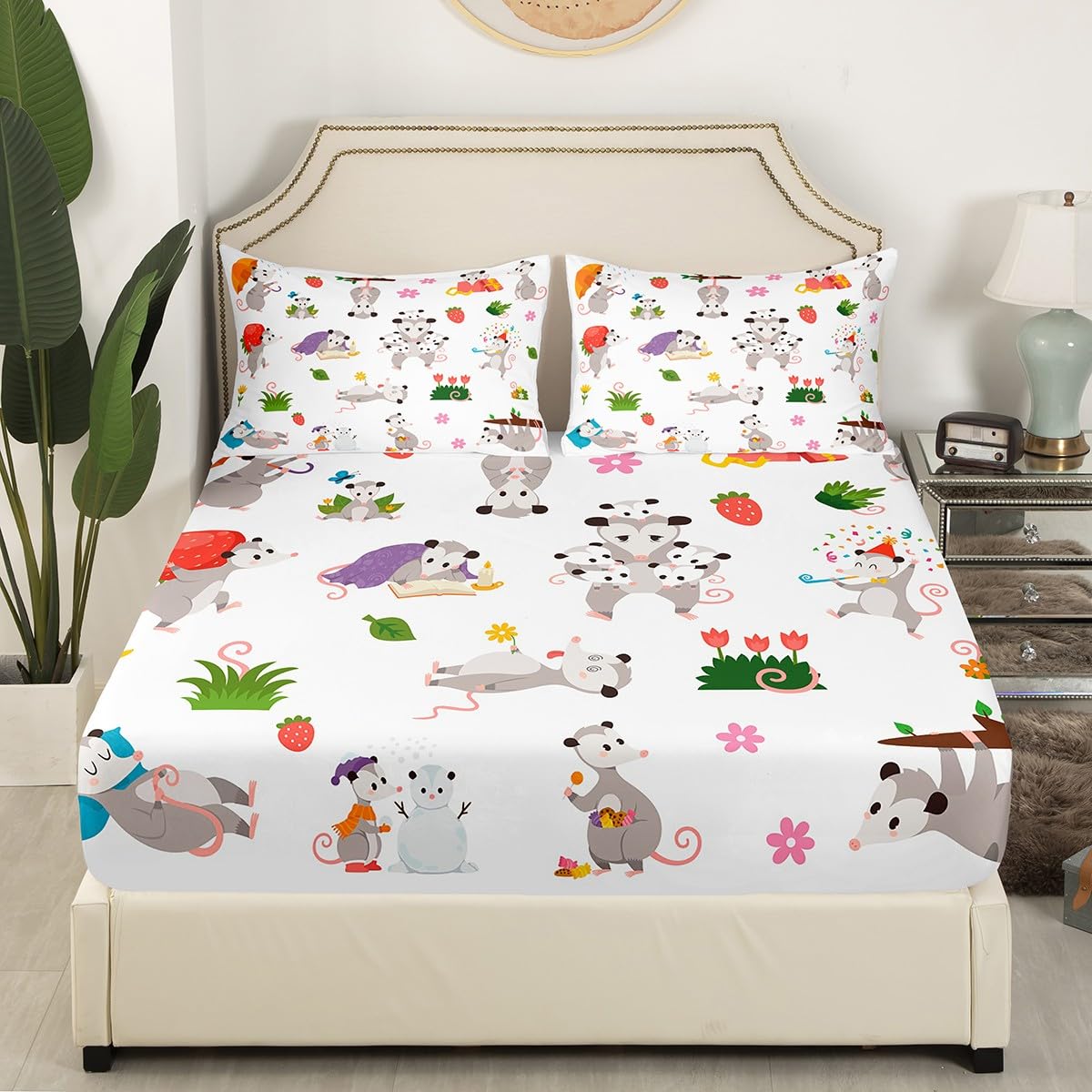 Feelyou Opossum Bed Sheet Set Full Size Kids Possum Gifts Bed Sheets with Deep Pocket Fitted Sheet for Boys Girls Possums Decor Sheets Cartoon Possum Stuffed Animal Bed Set Room Decor